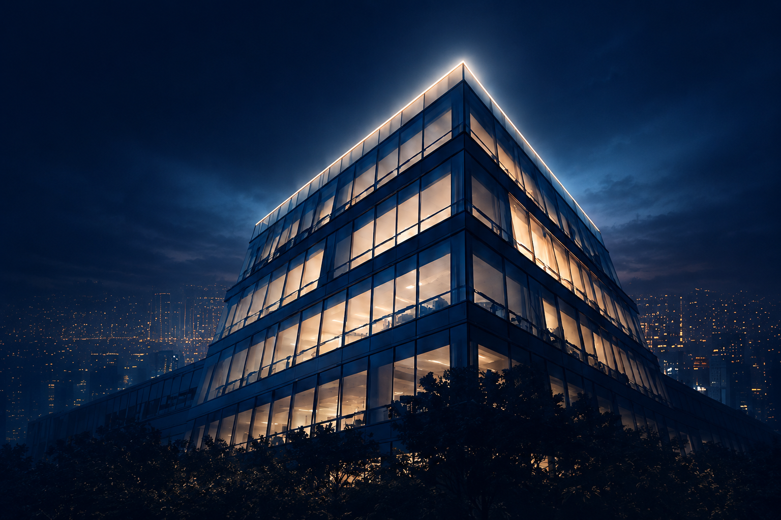 Modern corporate headquarters at dusk